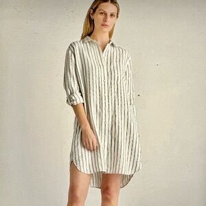 Quince Linen Cream and Black Striped Button-Front Shirt Dress